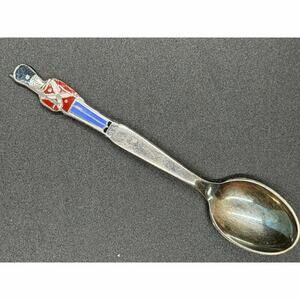 Vintage Danish enamel souvenir spoon featuring a royal guardsman